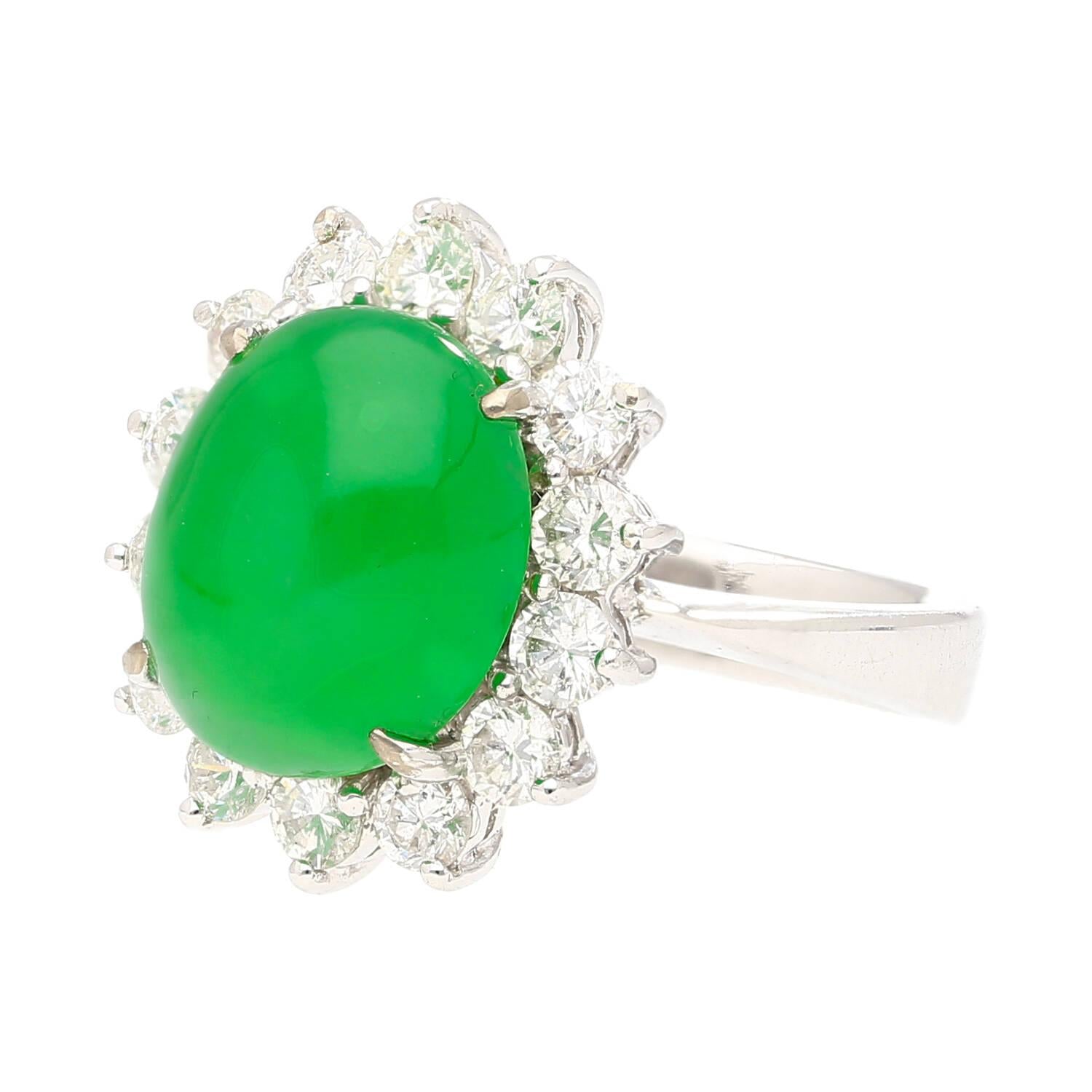 5.74 Carat Grade A Green Jade with Round-Cut Diamond Halo Ring