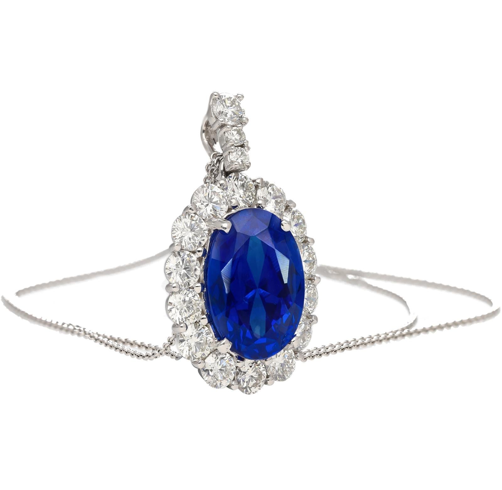 5.83 Carat Oval No Heat Sri Lanka Blue Sapphire & Diamond Pendant in Platinum