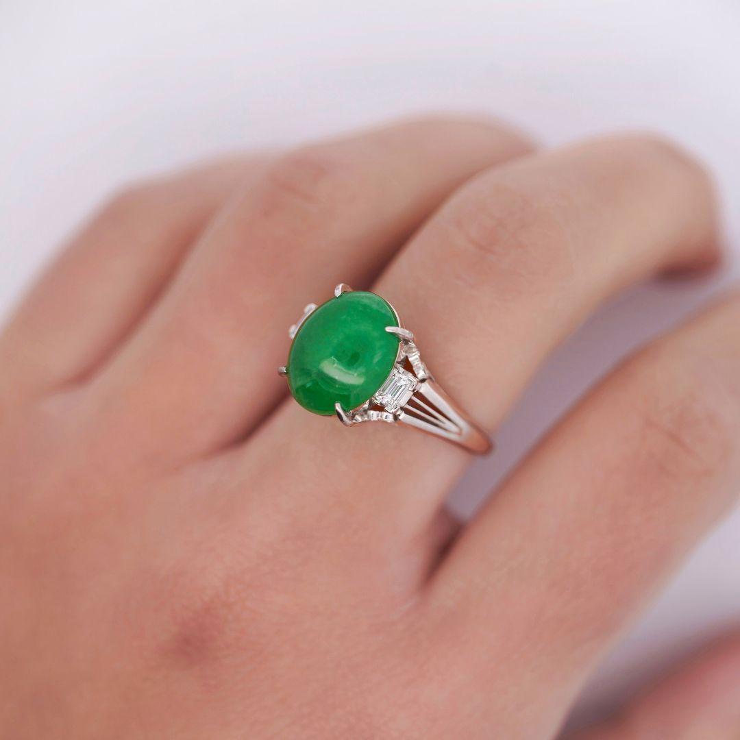 5.87 Carat Grade A Jadeite Jade and Diamond Platinum 3 Stone Ring