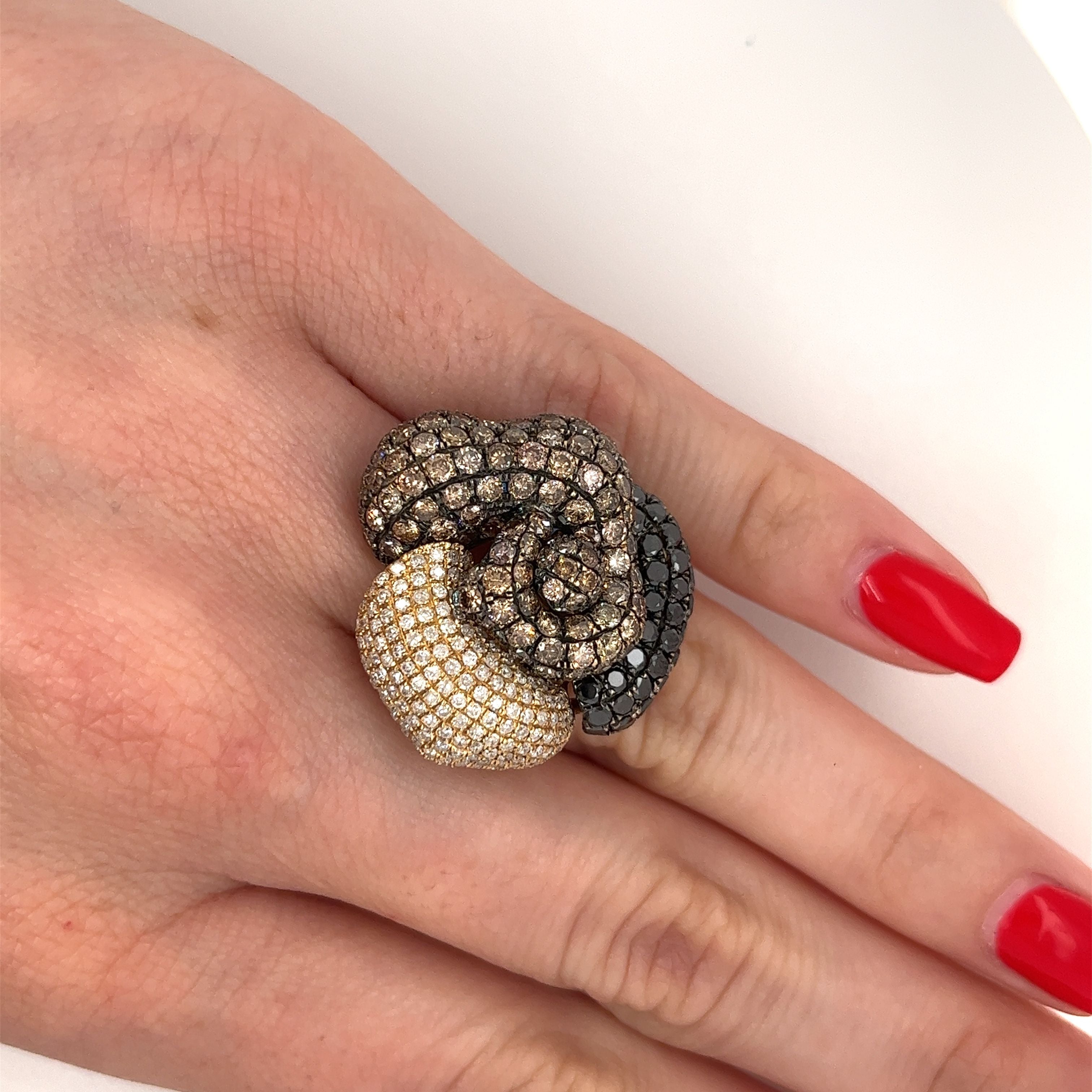 6 Carat TW Black, Brown, & White Diamond Cluster Flower Ring in 18K Yellow Gold-Rings-ASSAY