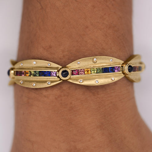 6.25 Carat Rainbow Sapphire & Diamond 18K Gold Matte Link Bracelet