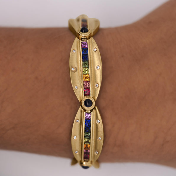 6.25 Carat Rainbow Sapphire & Diamond 18K Gold Matte Link Bracelet