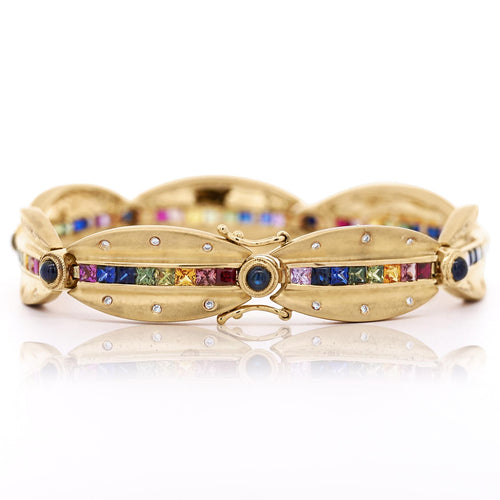 6.25 Carat Rainbow Sapphire & Diamond 18K Gold Matte Link Bracelet