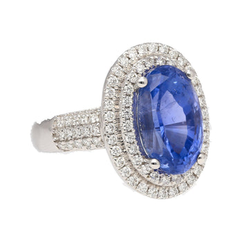 6.34 Carat No Heat Oval Cut Blue Sapphire and Diamond Halo 18K Ring GRS Certified – Assay Jewelers