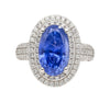 6,34 Karat No Heat Ovalschliff Blauer Saphir und Diamant Halo 18K Ring GRS Zertifiziert