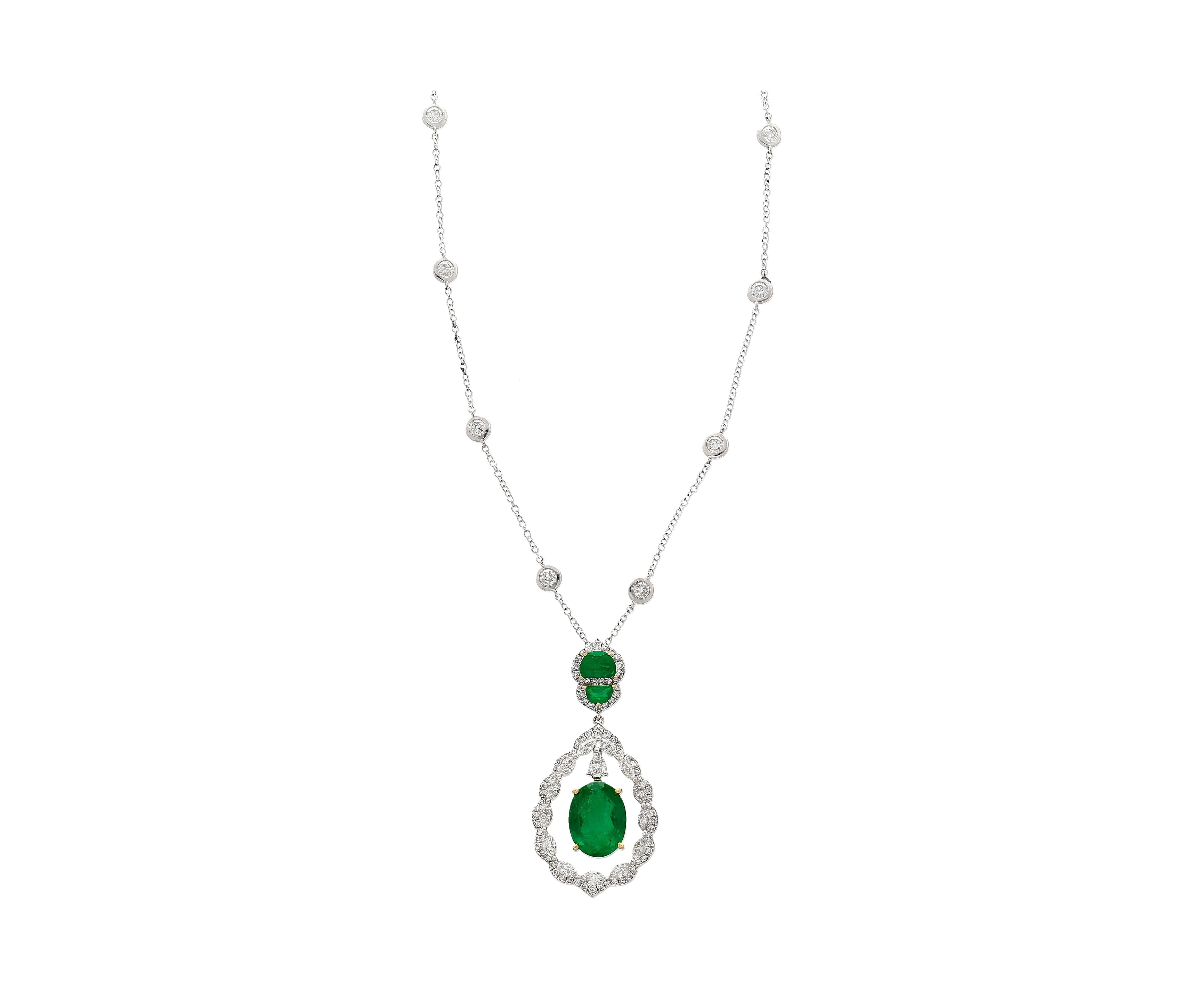 6.42 Carat Floating Emerald with Diamond & Emeralds in 18K Pendant Necklace