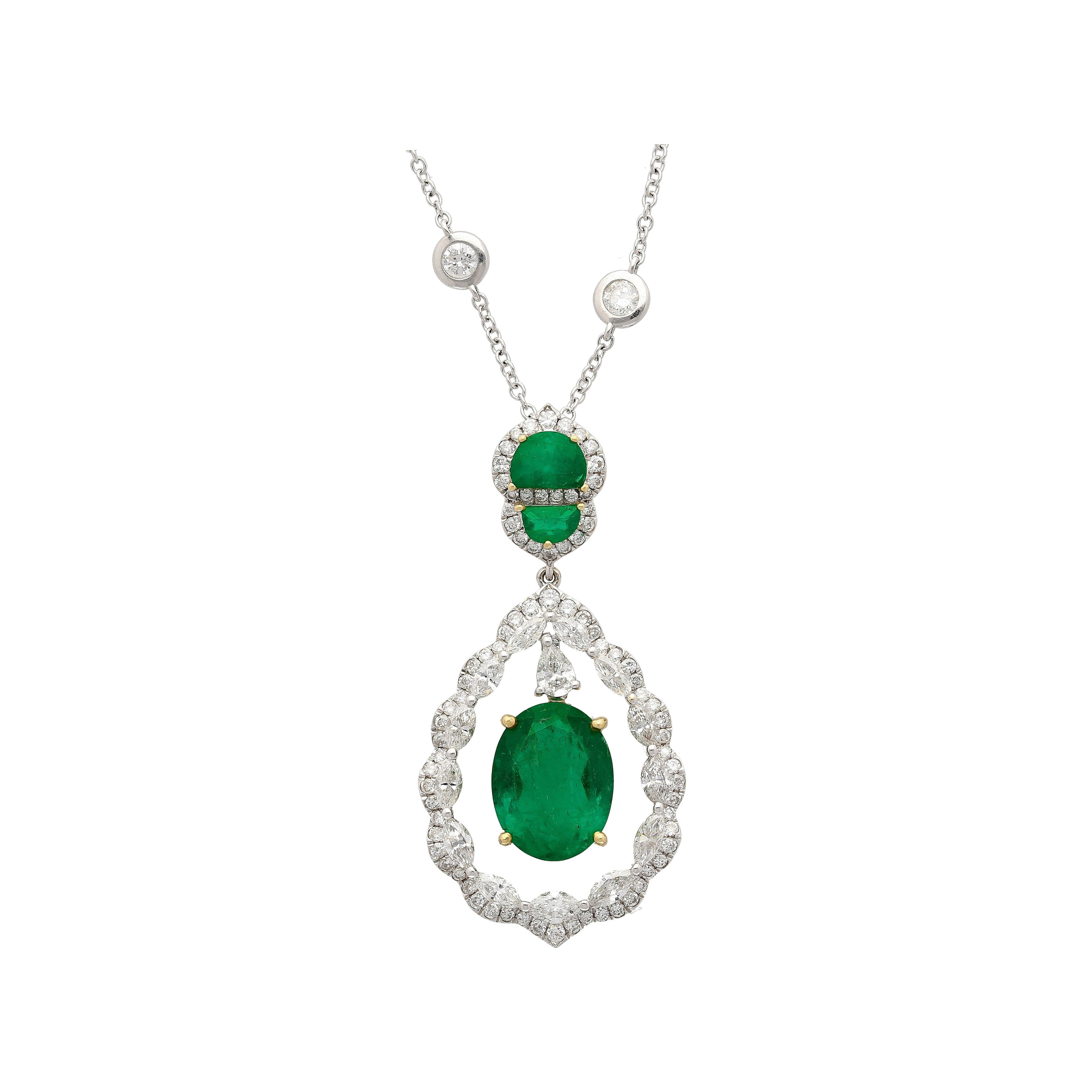 6.42 Carat Oval Emerald Drop & Diamond Halo Pendant Necklace