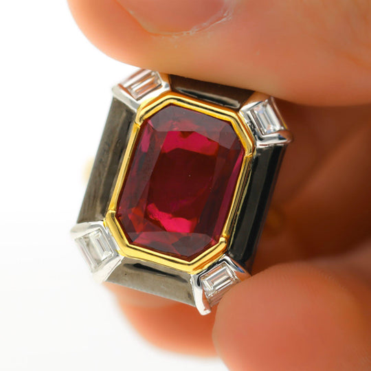 6.94 Carat Emerald Cut Ruby & Diamond 18K Black Bezel Gold Ring