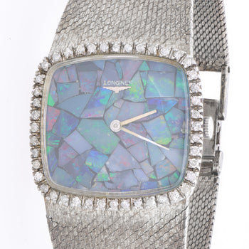 Vintage Longines Opal Mosaic Dial 34mm Diamond Bezel 18K White Gold Watch – Assay Jewelers