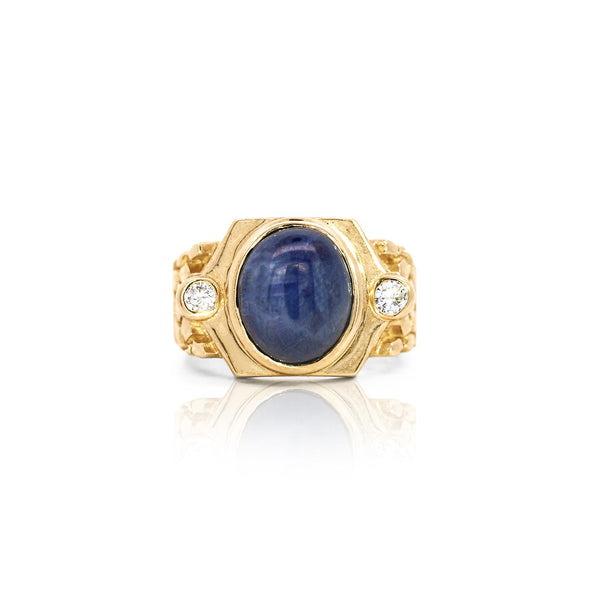 7 Carat Blue Star Sapphire Cabochon & Diamond 14K Gold Nugget Mens Ring