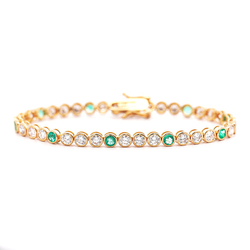 7 Carat Diamond and Emerald Bezel Set 14K Gold Tennis Bracelet