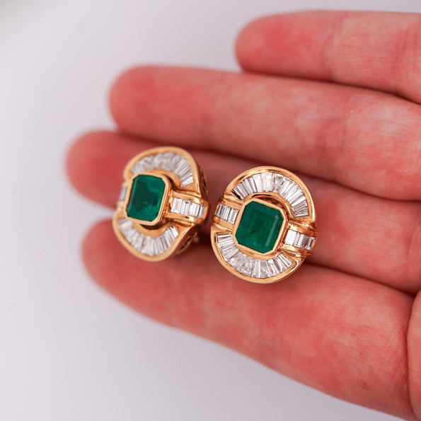 7 Carat Emerald & Baguette Diamond 18K Gold Ballerina Statement Earrings