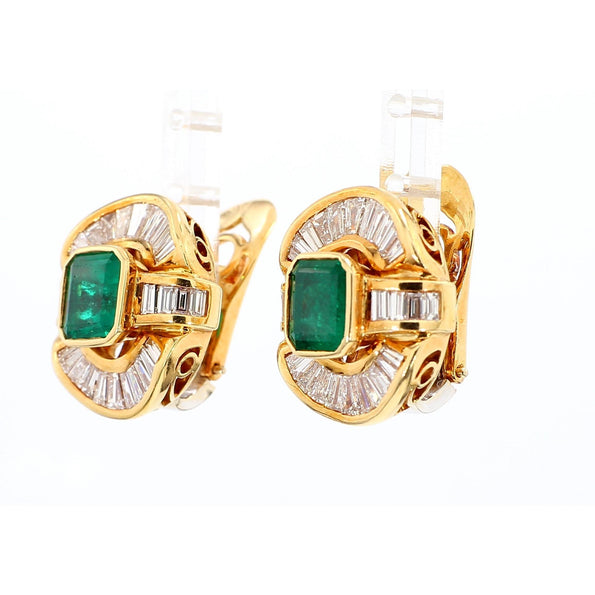 7 Carat Emerald & Baguette Diamond 18K Gold Ballerina Statement Earrings