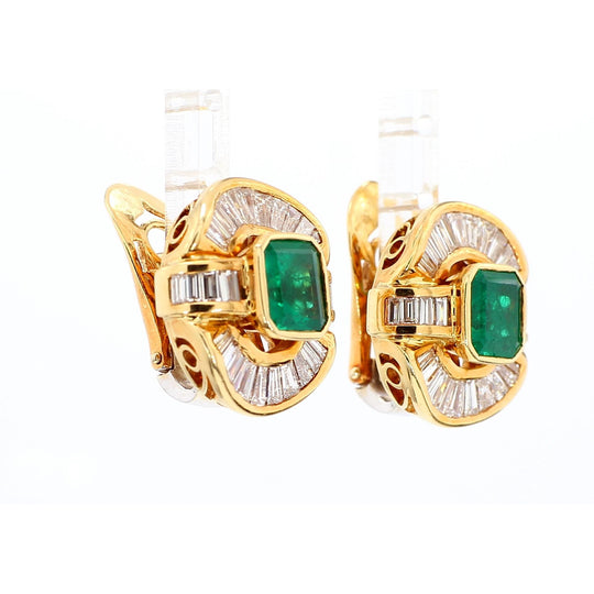 7 Carat Emerald & Baguette Diamond 18K Gold Ballerina Statement Earrings