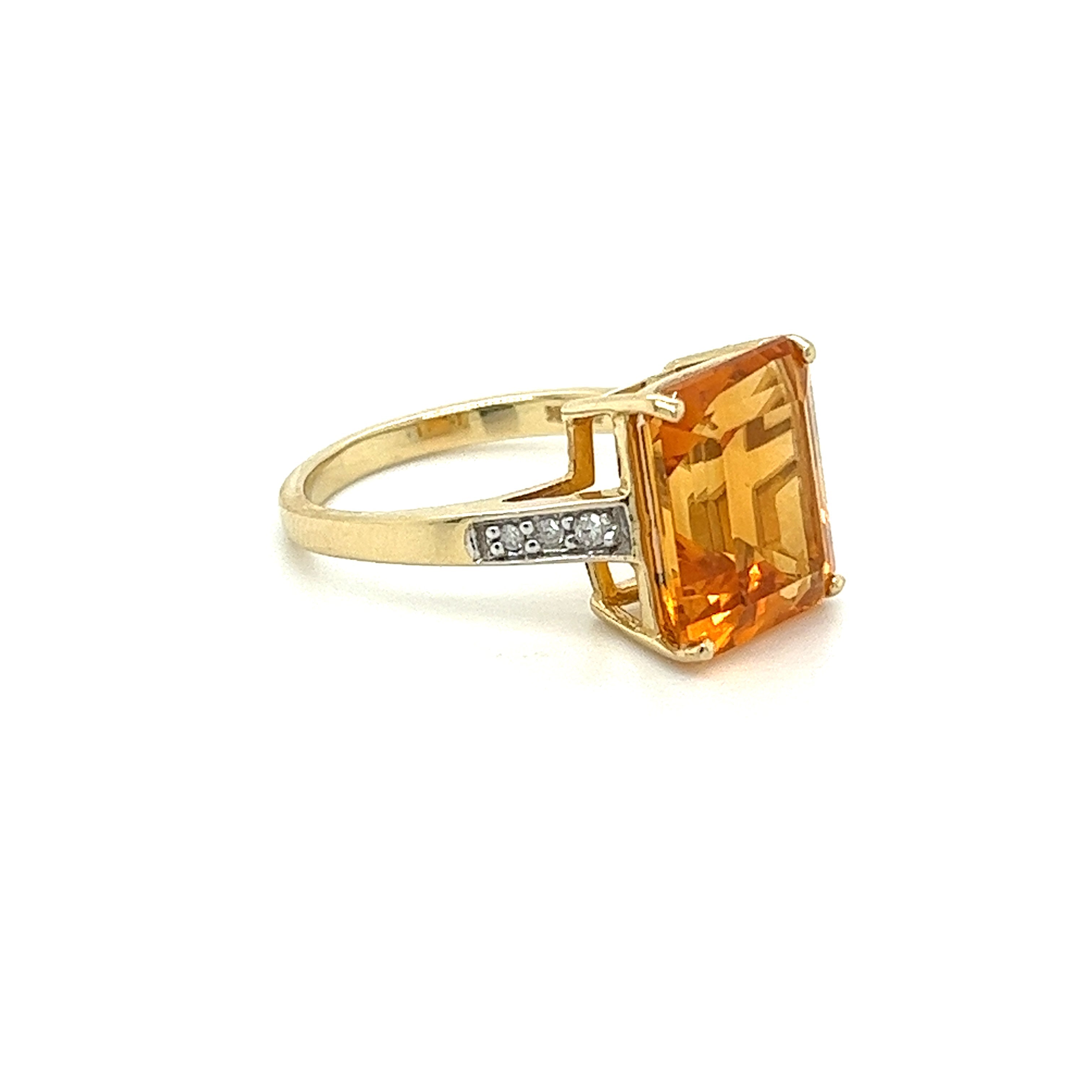 7 Carat Emerald Cut Citrine and Round Cut Diamond Ring in 14k Yellow Gold-Rings-ASSAY