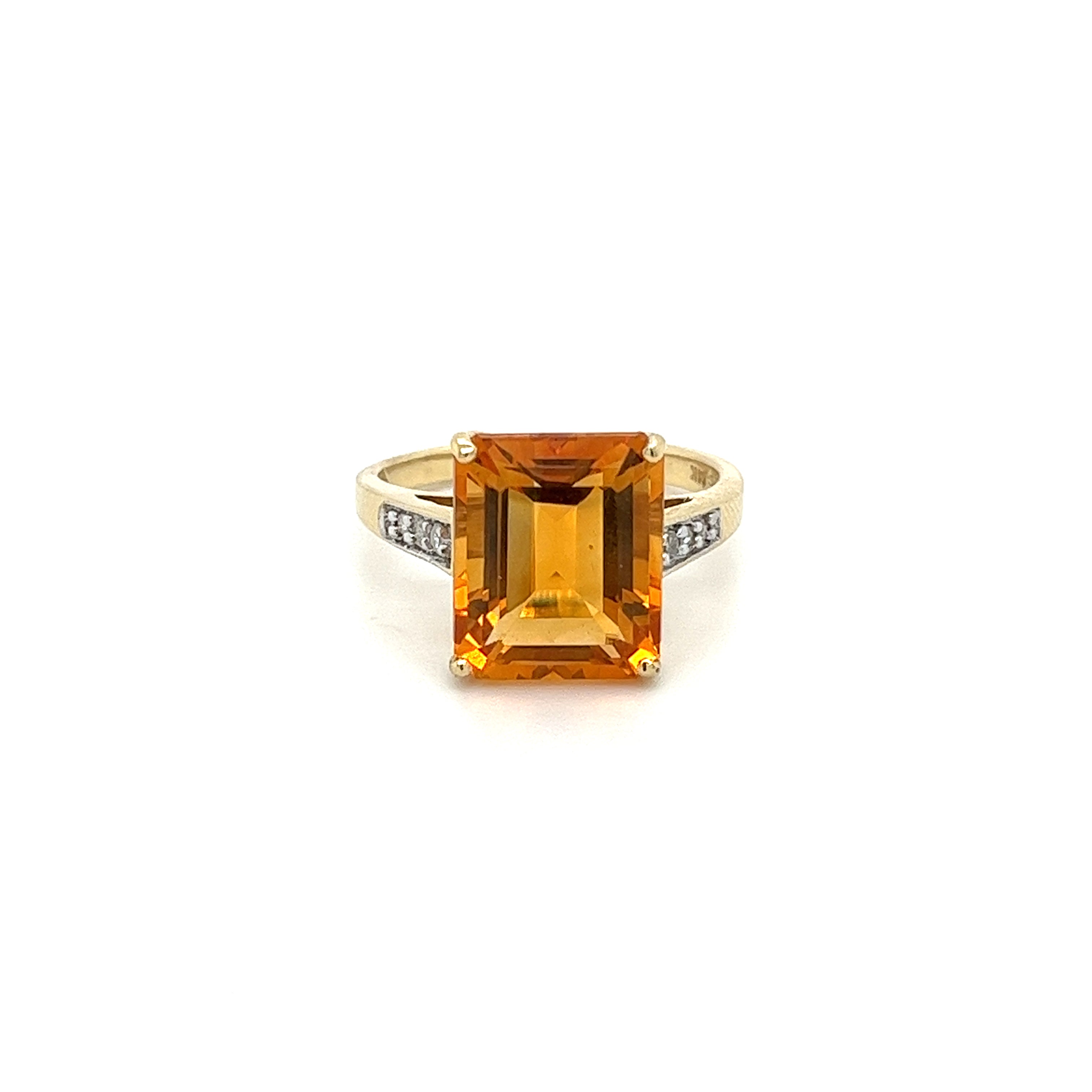 7 Carat Emerald Cut Citrine and Round Cut Diamond Ring in 14k Yellow Gold-Rings-ASSAY