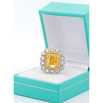 7 Carat Fancy Intense Yellow Radiant Cut Diamond and Diamond Halo Ring | GIA Certified – Assay Jewelers