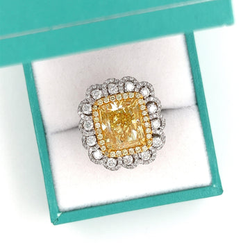 7 Carat Fancy Intense Yellow Radiant Cut Diamond and Diamond Halo Ring | GIA Certified – Assay Jewelers