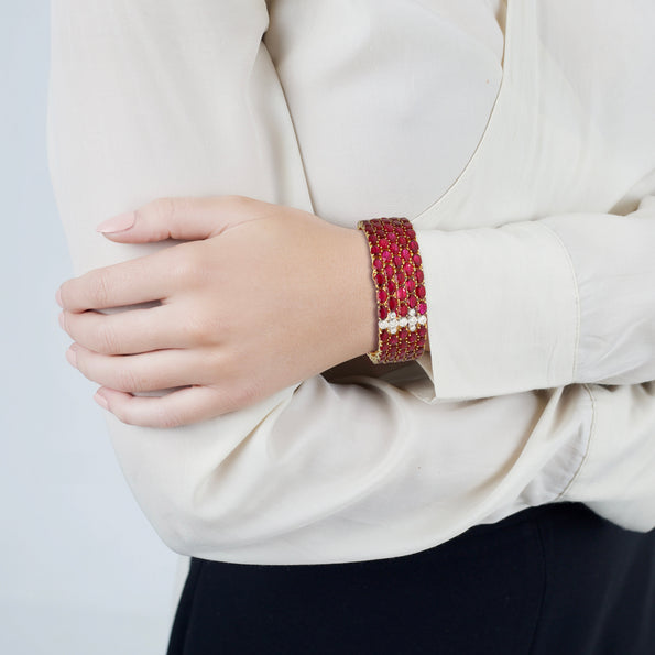 72 Carat Oval Ruby 5-Row Multi Link Tennis Bracelet in 18K Gold