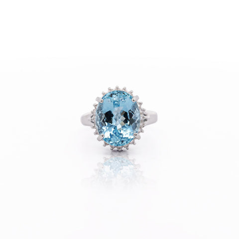 7.15 Carat Oval Aquamarine & Diamond Floral Filigree Platinum Ring
