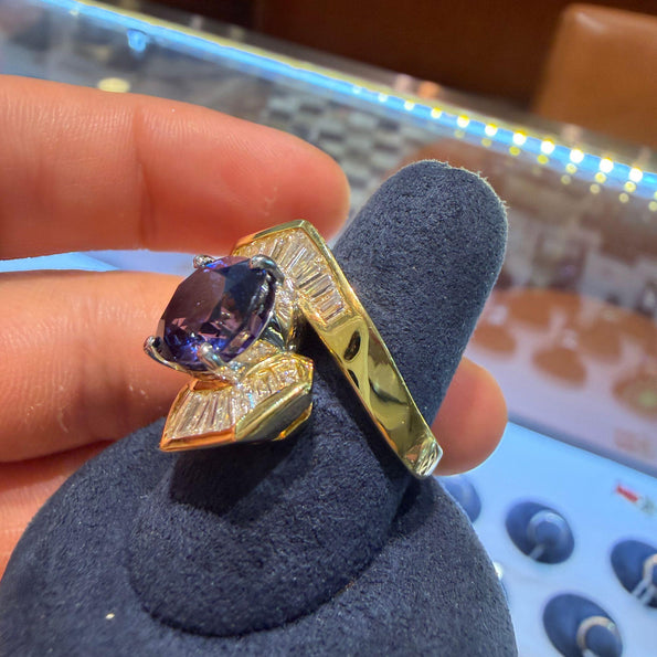 7.18 Carat Color Change Sapphire & Diamond 18K Bypass Ring