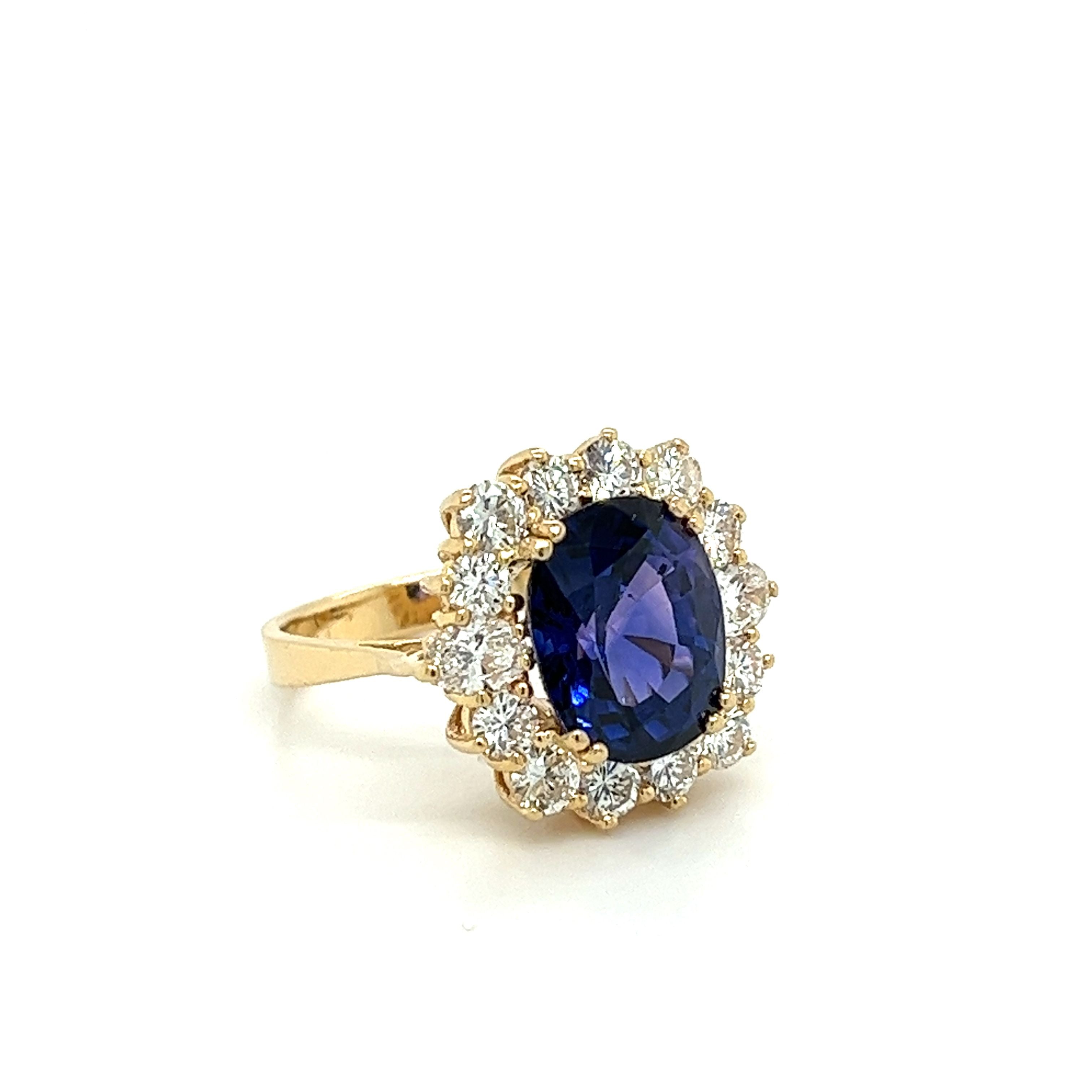 7.20 Carat Oval Cut Blue Sapphire & Diamond Halo Ring in 14K Yellow Gold-Sapphire ring-ASSAY