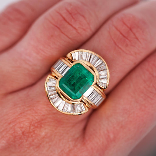 7.35 Carat Emerald & Baguette Diamond Ballerina 18K Gold Cocktail Ring