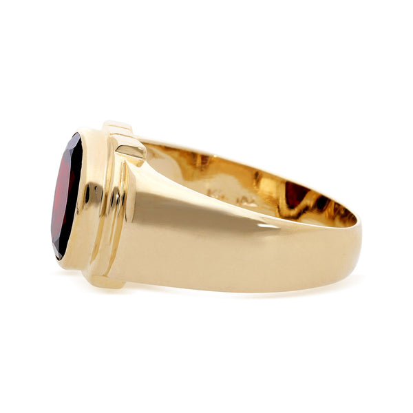 7.50 Carat Oval Checkerboard Red Garnet Bezel 14K Yellow Gold Mens Signet Ring