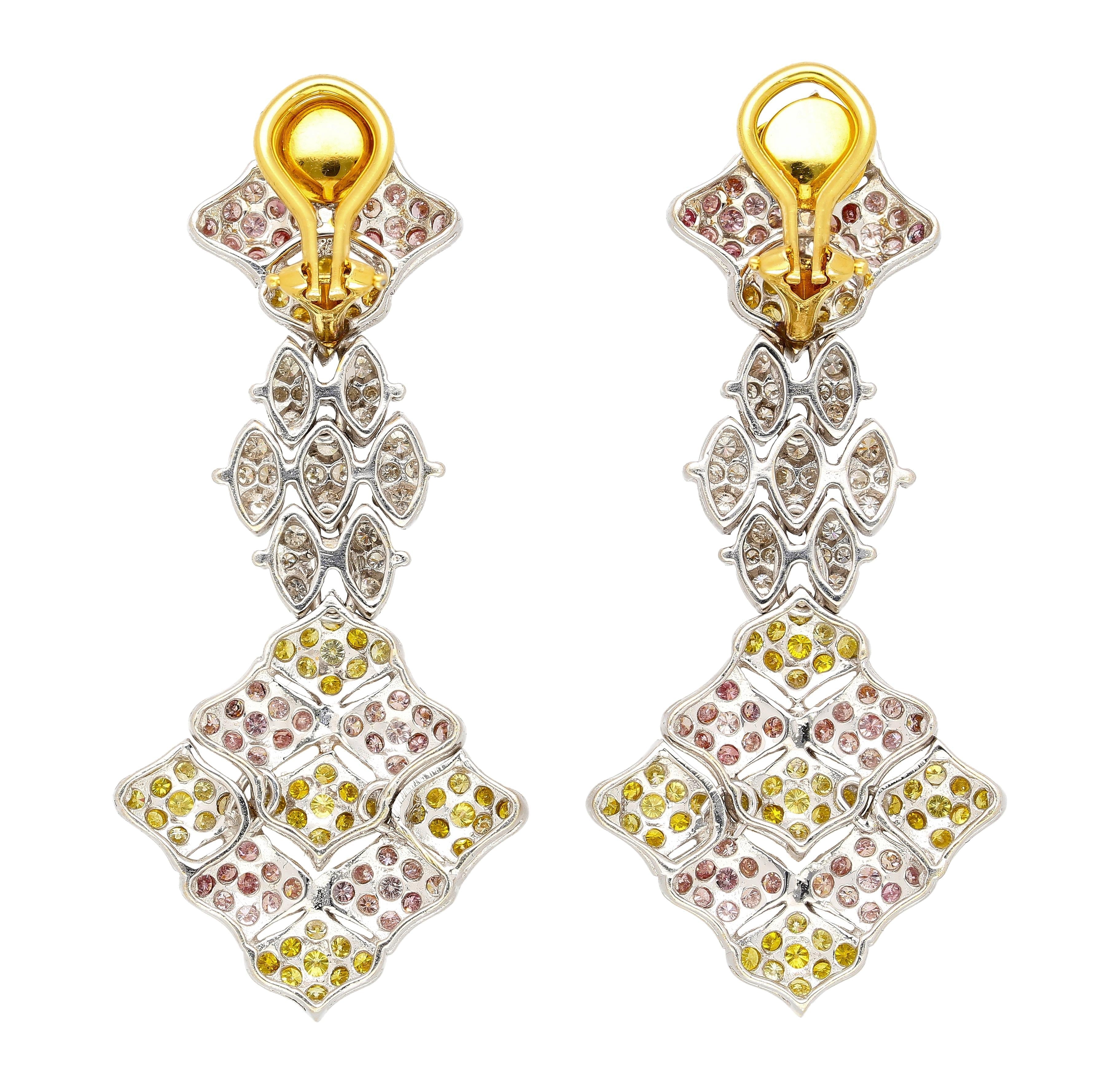 7.50 Carats Tricolor Diamond Drop Earrings in 18K White, Yellow & Rose Gold