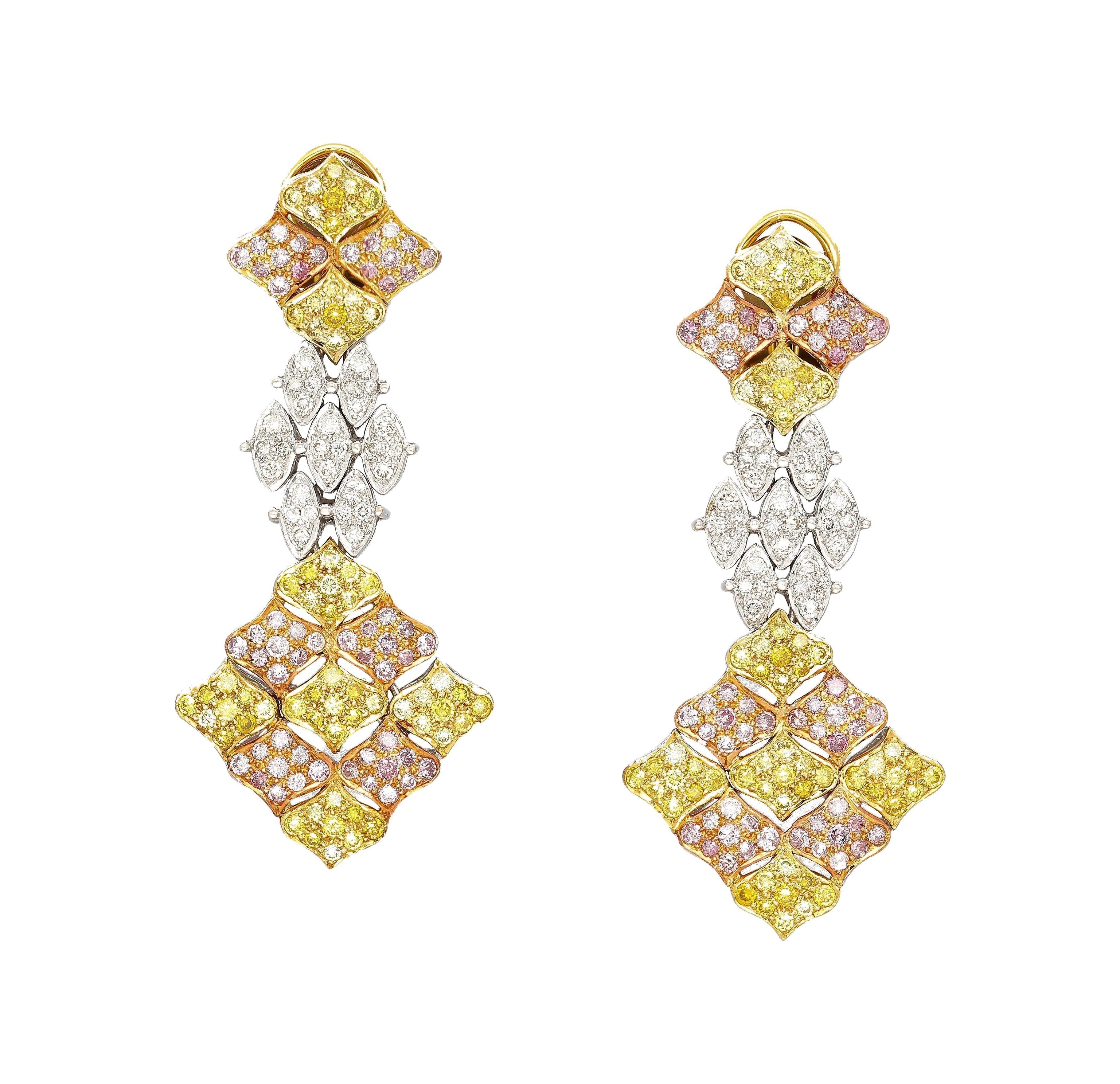 7.50 Carats Tricolor Diamond Drop Earrings in 18K White, Yellow & Rose Gold