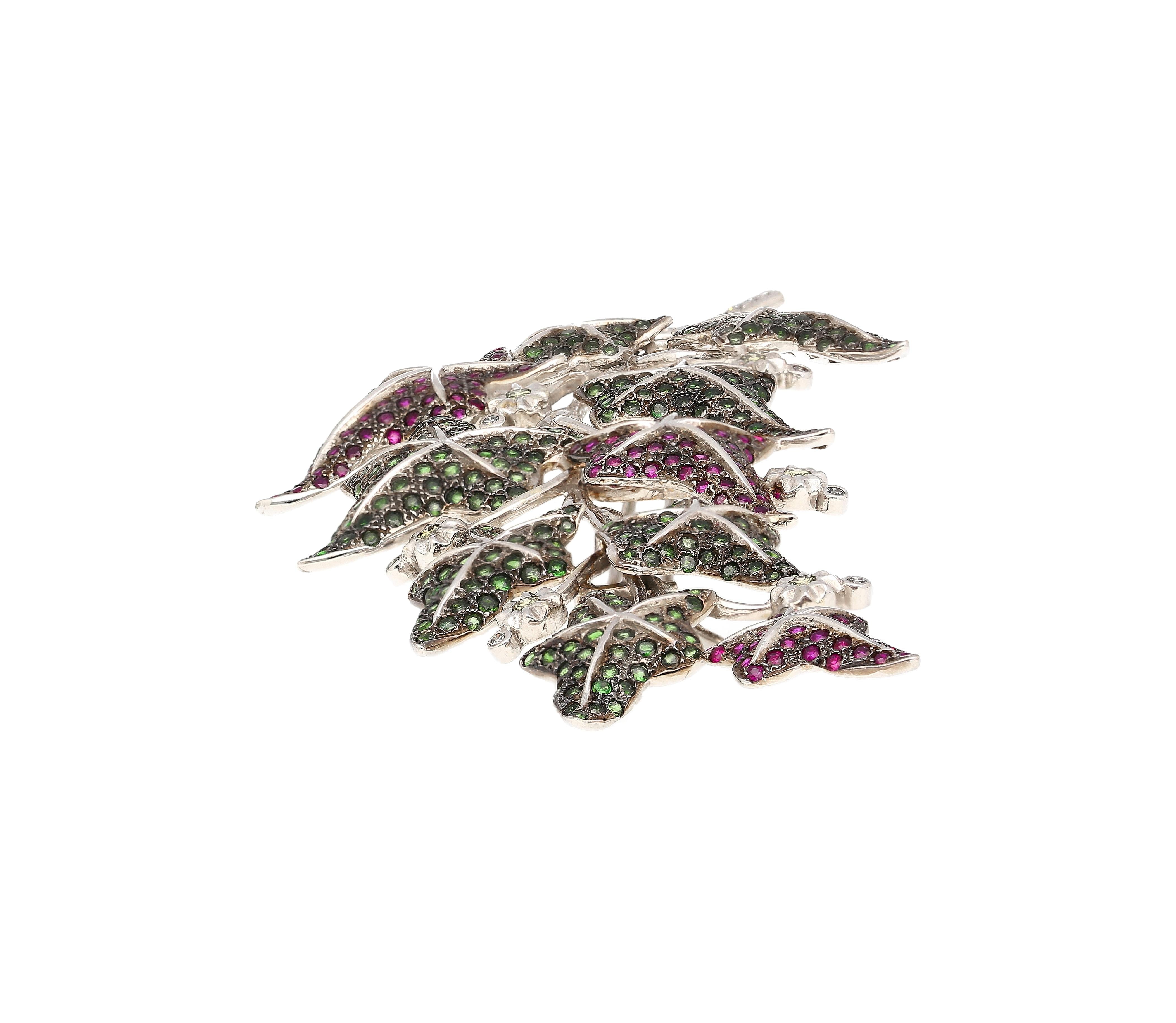 7.8 CTTW Green Tsavorite, Pink Sapphire and Diamond Leafy Vine Brooch