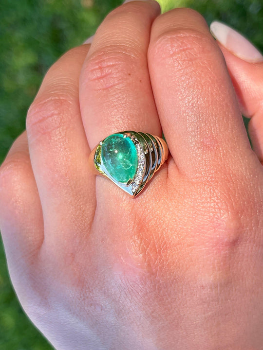 7.81 Carat Pear Shaped Cabochon Emerald & Diamond in 18K Yellow Gold Ring