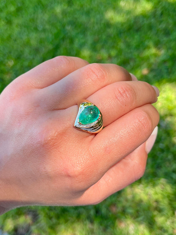 7.81 Carat Pear Shaped Cabochon Emerald & Diamond in 18K Yellow Gold Ring
