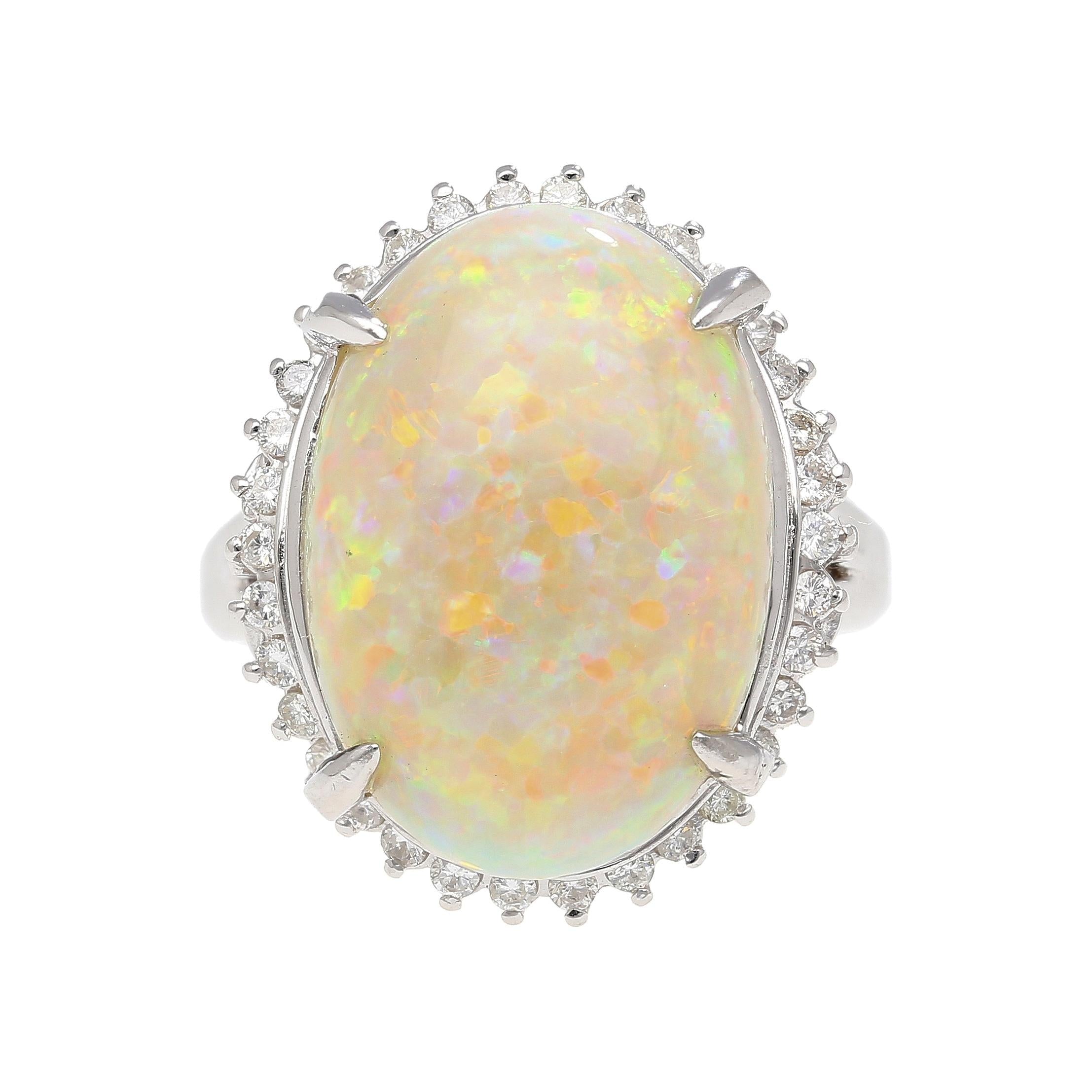 7.86 Carat Natural White Opal and Diamond Halo Platinum Ring