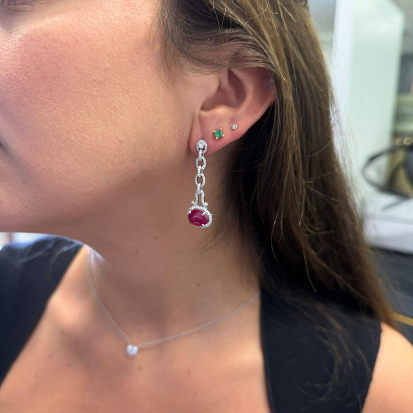 8.05 Carat Oval Cabochon Ruby & Diamond Halo in 18K White Gold Drop Earrings