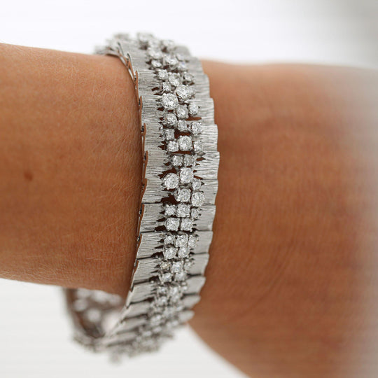 8.50 Carat Round Diamond Three-Row 14K White Gold Bark Texture Wide Bracelet