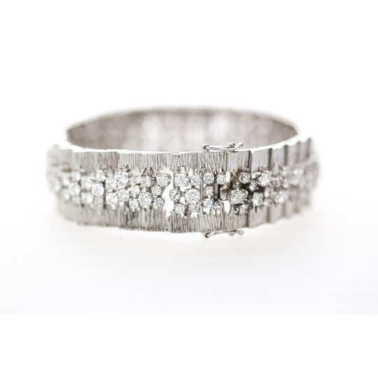 8.50 Carat Round Diamond Three-Row 14K White Gold Bark Texture Wide Bracelet