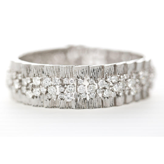 8.50 Carat Round Diamond Three-Row 14K White Gold Bark Texture Wide Bracelet