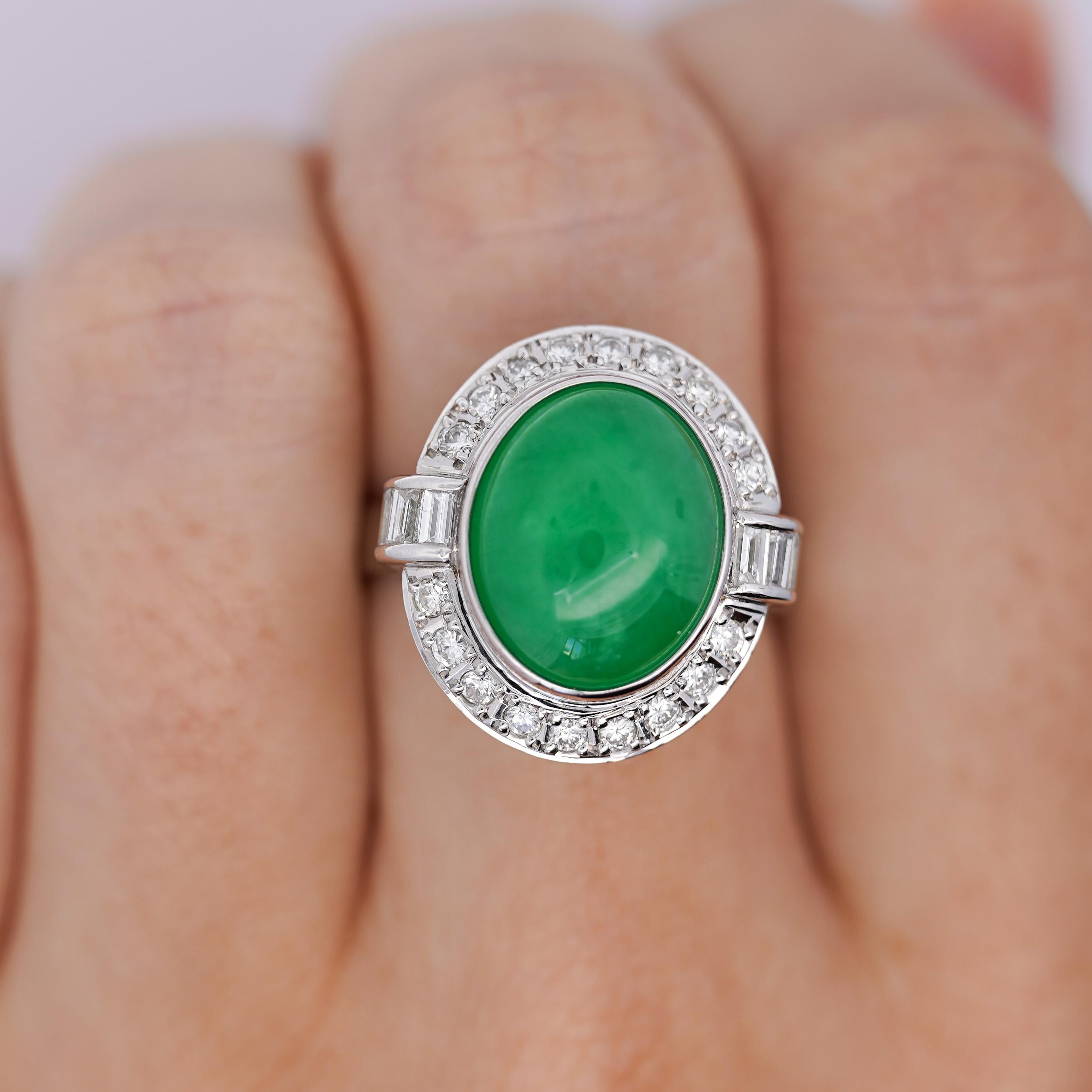 8.55 Carat Untreated Fei Cui A Jadeite Jade & Diamond Bezel Platinum Ring