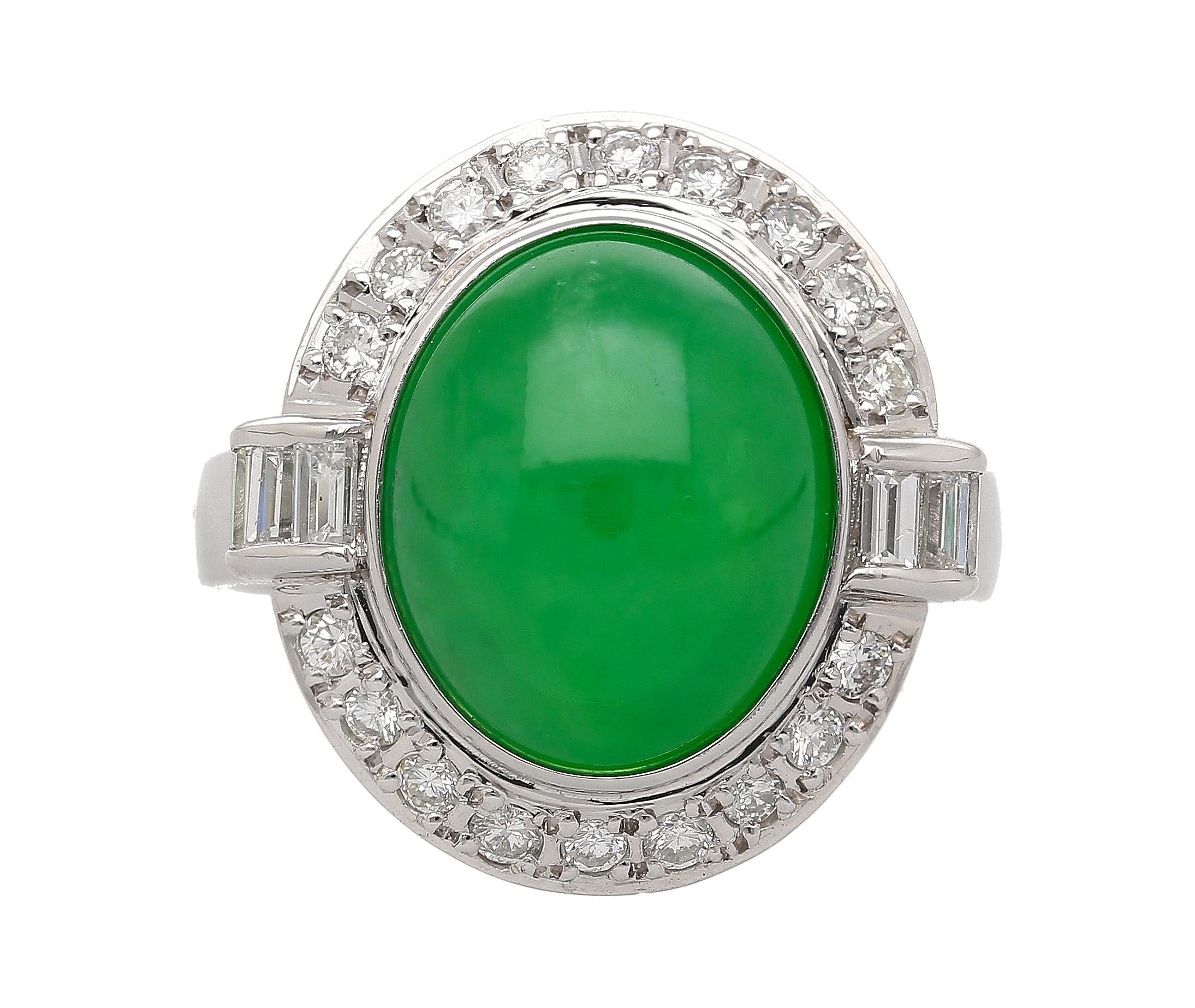 8.55 Carat Untreated Fei Cui A Jadeite Jade & Diamond Bezel Platinum Ring