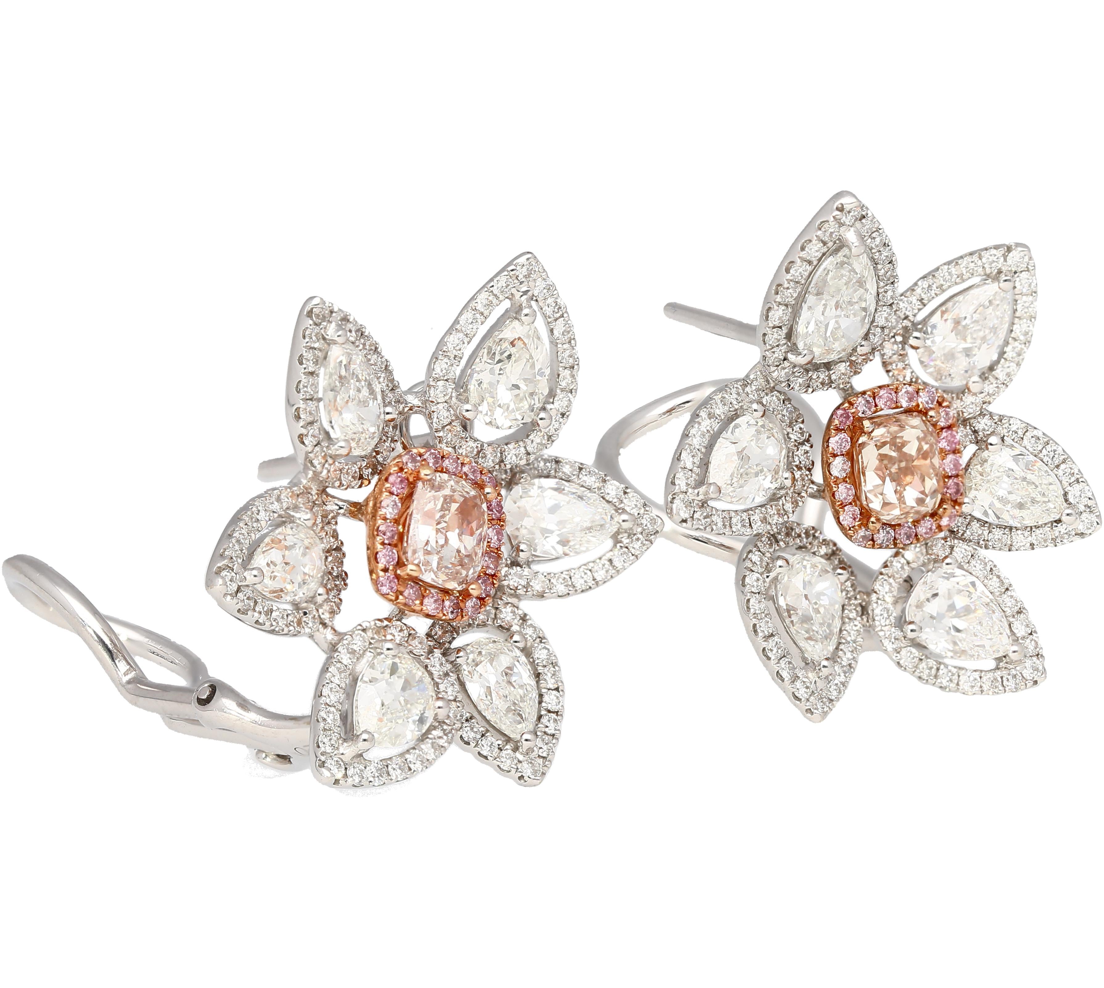 8.7 Carat Total Natural Pink Diamond & Diamond Flower Stud Earrings