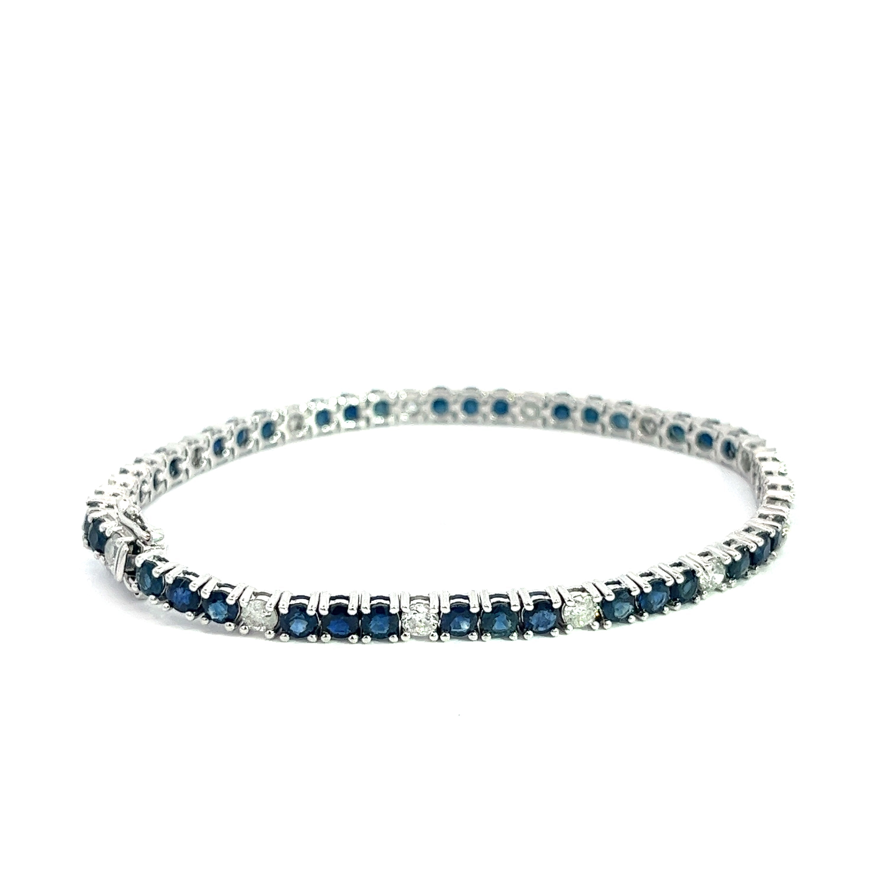 9 Carat Natural Blue Sapphire and Diamond Tennis Bracelet in 18K White Gold | 7 Inch 3MM Round Cut Sapphire & Diamond Tennis Bracelet-Bracelet-ASSAY