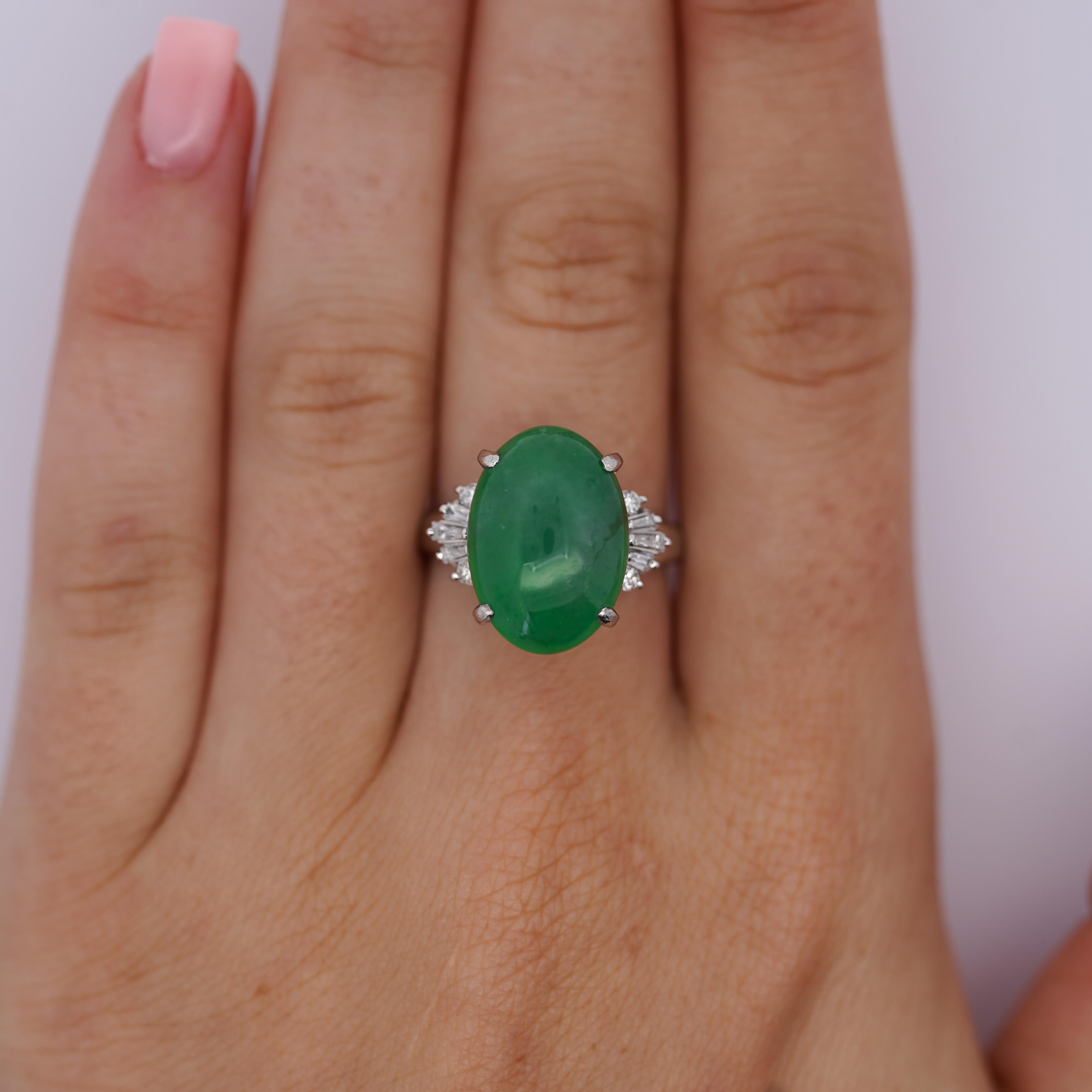 9 Carat Untreated Jadeite Jade Fei Cui and Diamond Platinum Ring HK Certified