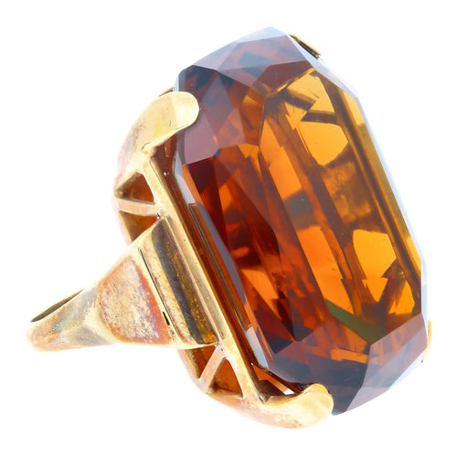 98.96 Carat Emerald Cut Citrine in 14K Yellow Gold Retro Ring