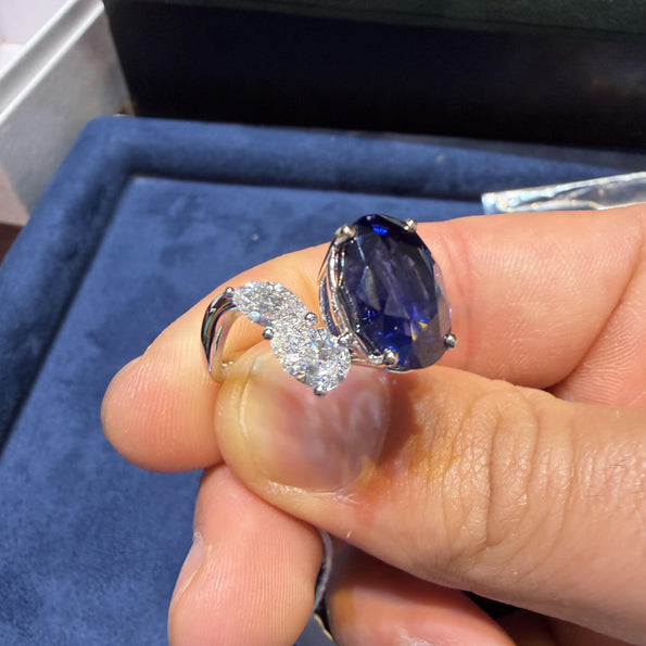 9.5 Carat No Heat Blue Sapphire and Pear Diamond Wing Ring