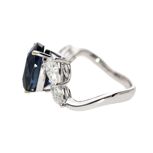 9.5 Carat No Heat Blue Sapphire and Pear Diamond Wing Ring