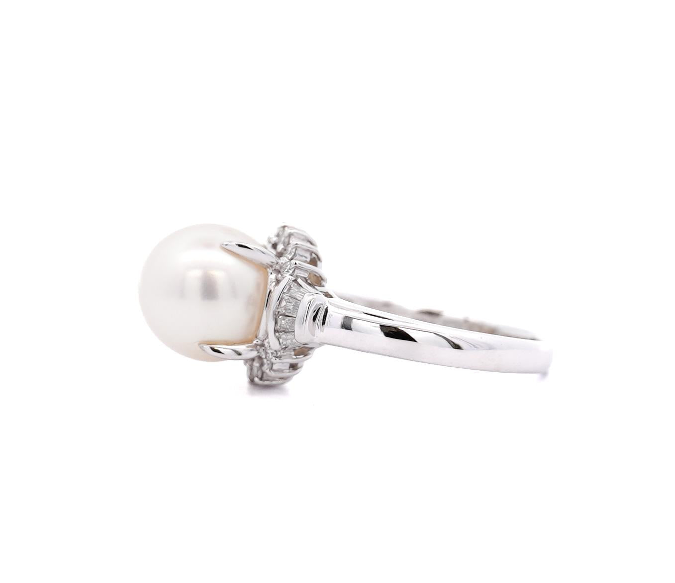 9.5mm South Sea White Pearl and Baguette Diamond Ring in Platinum