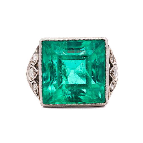 AGL Cert. 12 Carat Colombian Emerald Art Deco Antique Platinum Ring