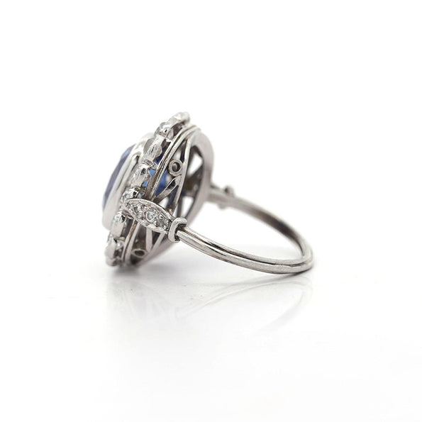AGL Cert. 5 Carat Ceylon Blue Sapphire Art Deco Era Platinum Diamond Ring