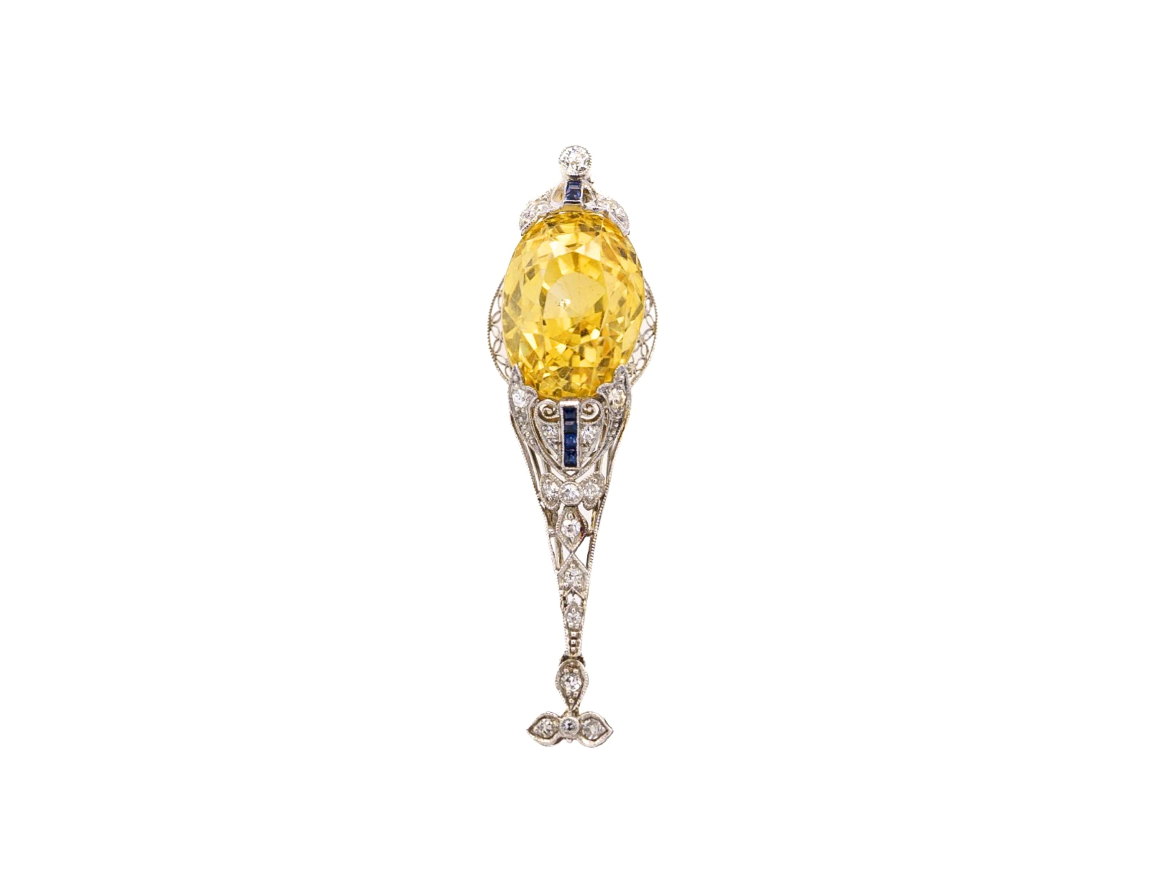 AGL Cert. Antique 20 Carat No Heat Ceylon Yellow Sapphire Art Deco Filigree Pendant-Pendants-ASSAY